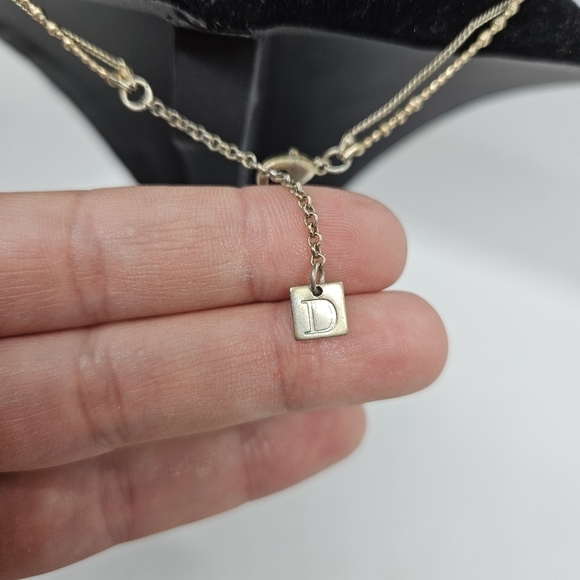 gold tone layered necklace with rectangle pendant and blue tassel - Picture 2 of 4